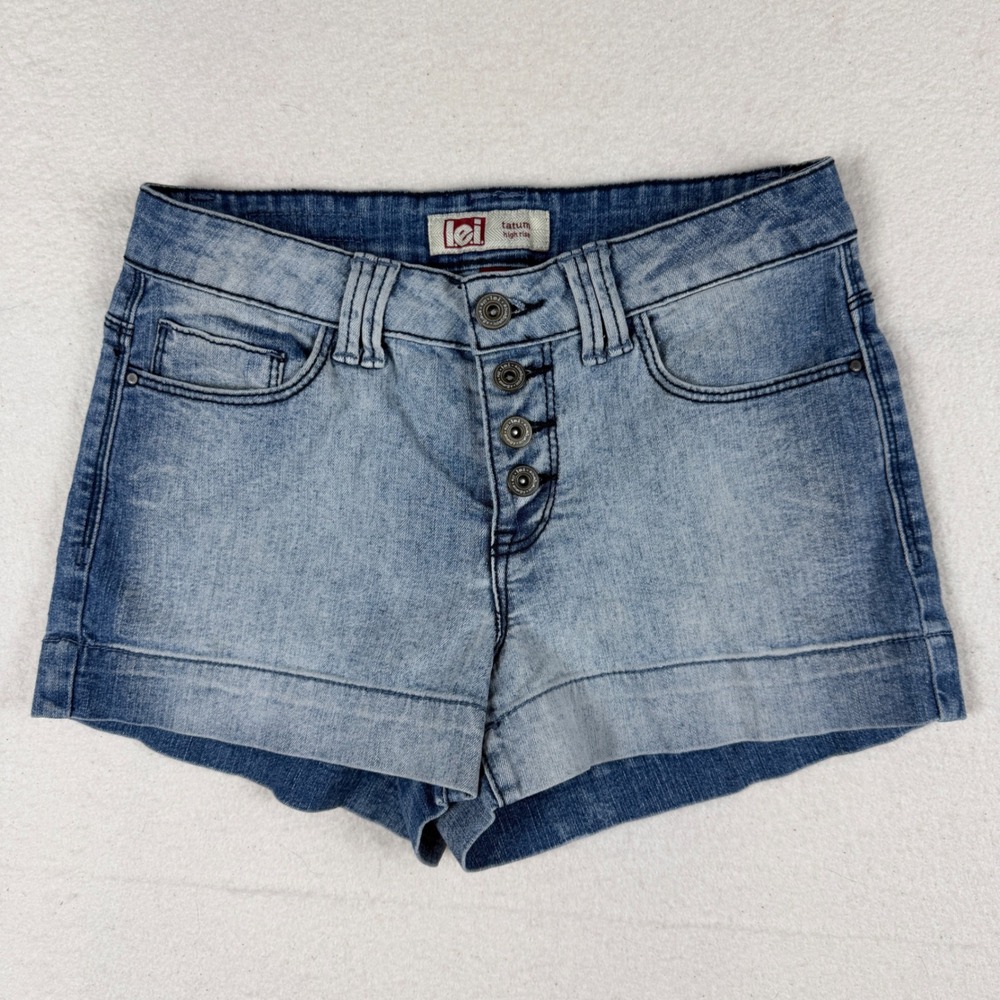 LEI Tatum High Rise Denim Shorts Light Wash Button Fly Cuffed Blue Junior Size 1